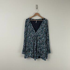 Free People Olivia Floral Printed Tunic Dress Deep Sea Green Size XS